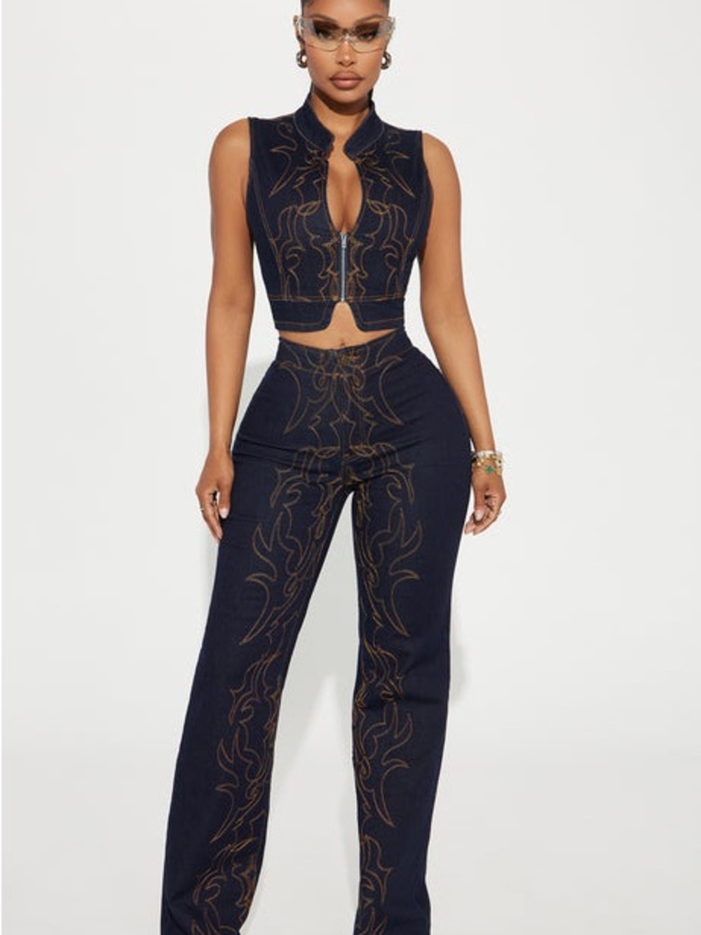 Embroidered Stretch Sleeveless Navy Zip Vest Top & High-Waist Wide Leg Jeans Set